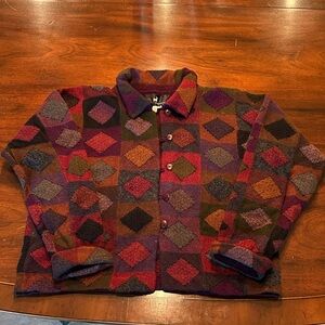 Peruvian Connection Multicolor Diamond Hand Knit Alpaca Cardigan Size Small